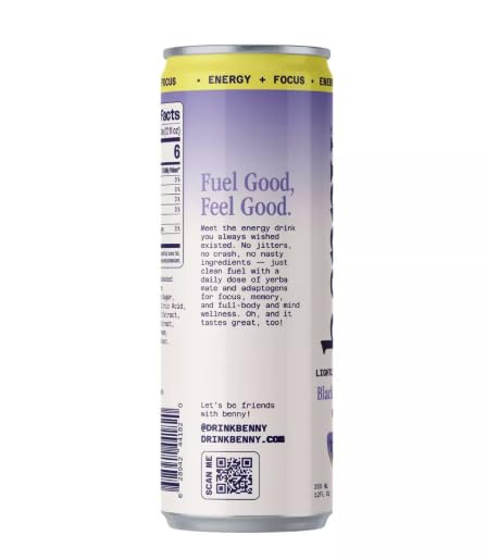 Benny Blackberry Yuzu Lightly Sparkling Energy Drink Refreshing Citrus Berry Flavors Clean Energy with Natural Caffeine Low Sugar 12 fl oz Can