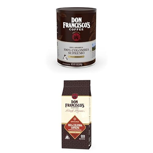 Don Francisco's Colombia Supremo Ground Coffee Bundle – Medium Roast 100% Arabica 12oz Bag + 12oz Can – Rich Aromatic Flavor – Great for Drip Pour Over French Press