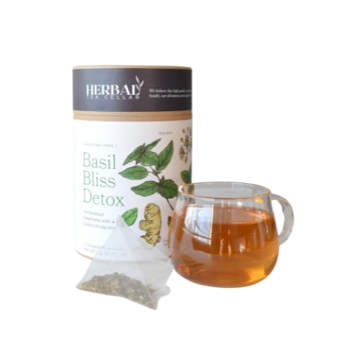 Holy Basil Detox Tea Caffeine-Free Tulsi Herbal Blend with Spearmint Ginger Rose Hips &amp Lemon Myrtle 14 Biodegradable Pyramid Sachets
