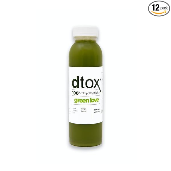 Dtox Juice – Green Love (12-Pack 12oz Bottles) | Cold-Pressed Apple Spinach Kale Ginger &amp Lemon | No Added Sugar Smooth Flavor