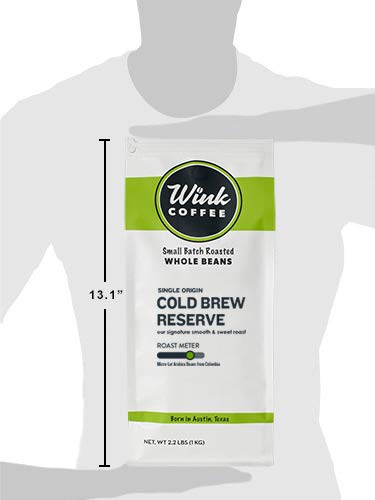 Wink Coffee Medium Dark Roast Large 2.2lb bag Low Acid Whole Bean Coffee 'Cold Brew Reserve' Single Origin Colombian Arabica Beans Smooth Sustainably Sourced