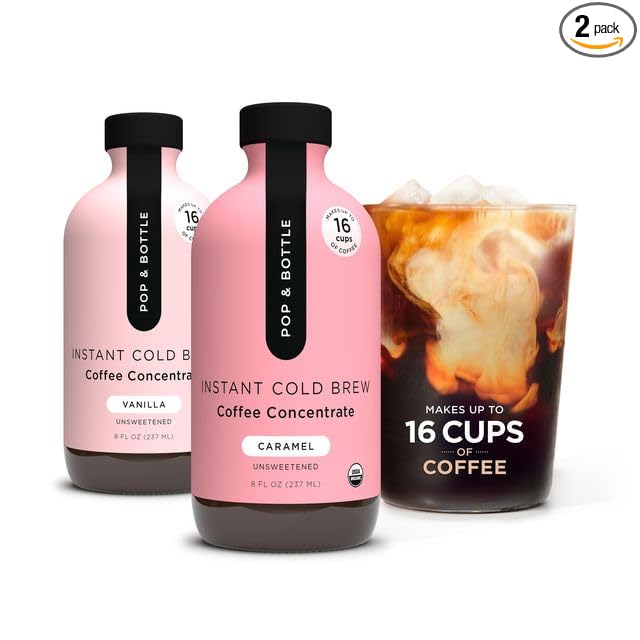 Pop &amp Bottle Organic Cold Brew Coffee Concentrate - Iced Coffee Concentrate Liquid for At Home Dairy Free Makes Up to 16 Cups - Vanilla &amp Caramel 8 fl oz (Mixed 2 Pack)