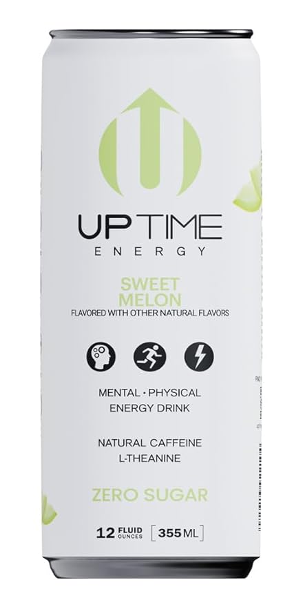 UPTIME Energy Drink Sweet Summer Melon Sparkling 12 Pack Vitamin C L Theanine Calcium Sugar Free Energy Drinks for Focus Support 142mg of Natural Caffeine 5 Calories Natural 12 fl oz Cans