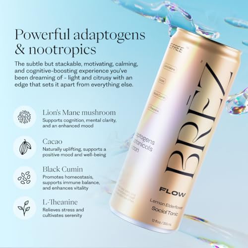 BRĒZ FLOW Lion’s Mane Mushroom Drink 8 Pack Lemon Elderflower Supports Mood &amp Focus Non-Alcoholic Sparkling Adaptogen Drink Functional Mushrooms Feel Clear Calm &amp Refreshed- 12 Fl oz Can