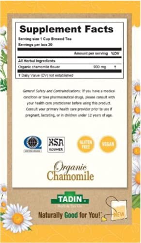 Tadin Organic Chamomile Tea Caffeine Free Herbal Tea to Eases Tension and Support Digestion 20 Tea Bags Per Box Pack of 6