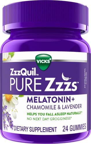 ZzzQuil Pure Zzzs Melatonin Sleep Aid Gummies with Lavender Valerian Root and Chamomile Natural Wildberry Vanilla Flavor Non-Habit Forming Drug-Free 24 Gummies (Pack of 4)