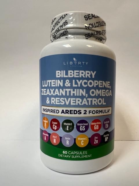 Eye Health Vitamins with Bilberry Lutein &amp Zeaxanthin Lycopene Resveratrol Grape Seed Extract Flaxseed Astaxanthin- AREDS 2-120 Capsules