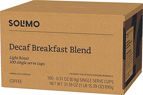 Solimo Decaf Light Roast Coffee Pods Breakfast Blend Compatible with Keurig 2.0 K-Cup Brewers 100 Count