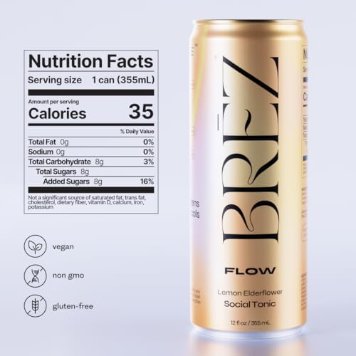 BRĒZ FLOW Lion’s Mane Mushroom Drink 8 Pack Lemon Elderflower Supports Mood &amp Focus Non-Alcoholic Sparkling Adaptogen Drink Functional Mushrooms Feel Clear Calm &amp Refreshed- 12 Fl oz Can