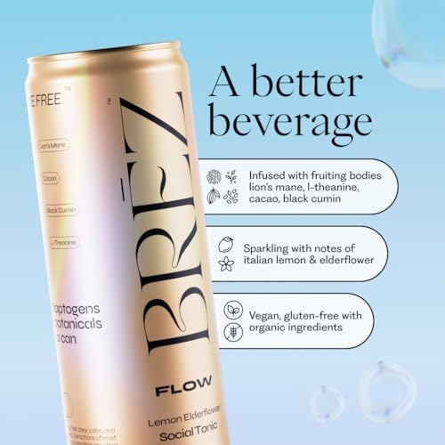 BRĒZ FLOW Lion’s Mane Mushroom Drink 8 Pack Lemon Elderflower Supports Mood &amp Focus Non-Alcoholic Sparkling Adaptogen Drink Functional Mushrooms Feel Clear Calm &amp Refreshed- 12 Fl oz Can