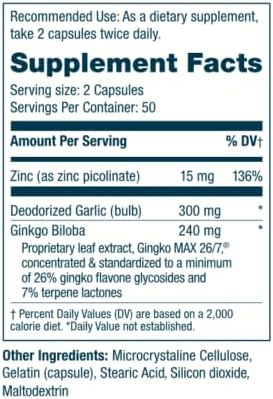 Arches Tinnitus Formula - Now with Ginkgo Max 26/7 - Natural Tinnitus Treatment for Relief from Ringing Ears - 100 Count Bottle - 25 Day Supply Ginkgo biloba extract zinc picolinate deodorized garl
