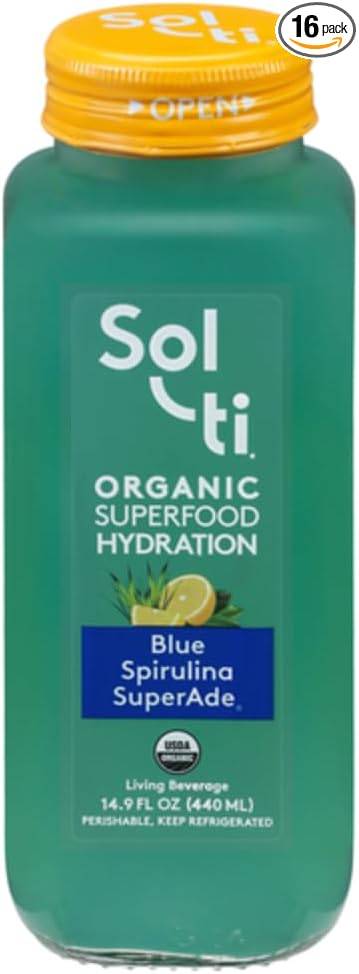 Organic SuperAde Hydration Drink Boosts Memory SuperFood Lemonade by Sol-ti Cold-Pressed Blue Spirulina and Lemon Juice Blend 16 Pack (14.9 Fl oz)