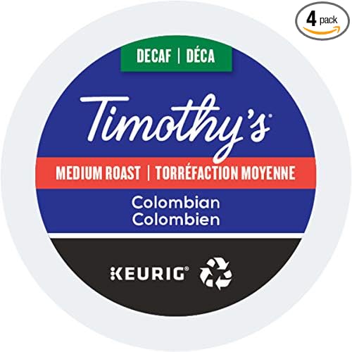 Timothy's Colombian Decaf  Single-Serve Keurig K-Cup Pods Medium Roast Coffee 96 Count (4 Boxes of 24 Pods)