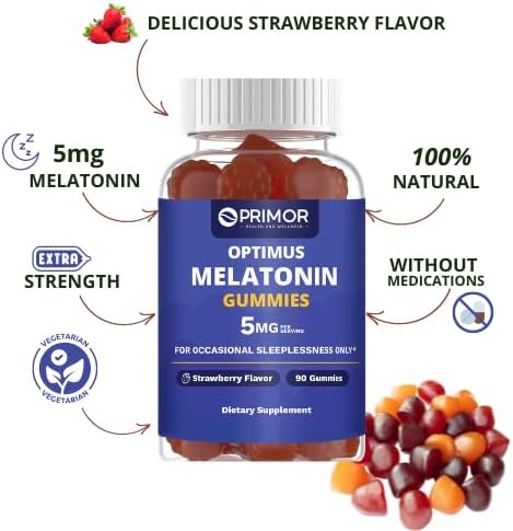 Melatonin Gummies Natural Sleep Support – Maximum Strength 5 mg Per Serving- Strawberry Flavor – Vegetarian - Gluten Free – 100% Natural – 90 Gummies