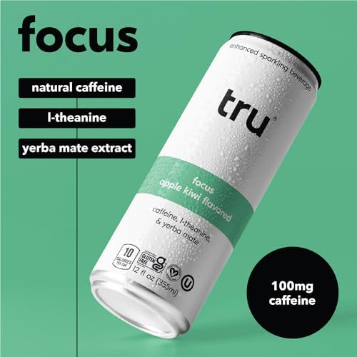 Tru Focus Seltzer Sparkling Water with Green Tea Extract Yerba Mate L Theanine &amp Real Apple Kiwi Juice Sweetened with Monk Fruit &amp Stevia Gluten Free Vegan Sugar Free 12 FL OZ Cans 12