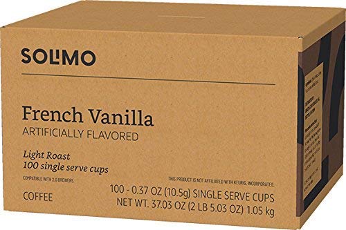 Amazon Brand - Solimo Light Roast Coffee Pods French Vanilla Flavored Compatible with Keurig 2.0 K-Cup Brewers 100 Count