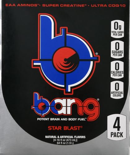 Bang Star Blast Energy Drink 0 Calories Sugar Free with Super Creatine 16oz 4 Count