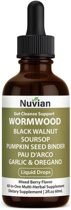 NUVIAN Prozen Wormwood Gut Cleanse Liquid Drops Black Walnut Wormwood Clove Gut Cleanse &amp Digestive Health with Soursop PAU D'Arco Pumpkin Seed Garlic Oregano Energy Boost2 fl oz