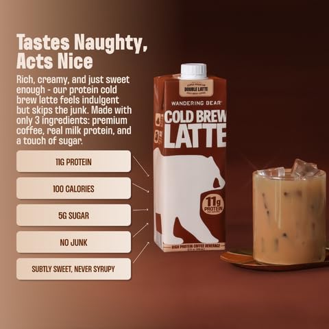 Wandering Bear Double Latte Organic Cold Brew Coffee — 32 fl oz 3 pack - Creamy High-Protein Cold Brew Latte 11 g Protein Only 100 Calories 5 g Sugar Double Shot Strength (Shelf-Stable)
