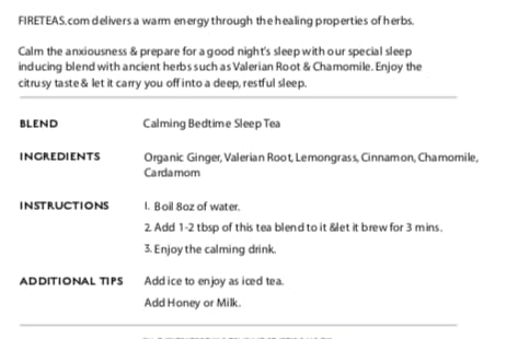 FIRE TEAS - Calming Sleep Tea - Organic Valerian Root Lemongrass Chamomile Cardamom Cinnamon Ginger - Bedtime Herbal Tea For a Good Night's Deep Sleep -
