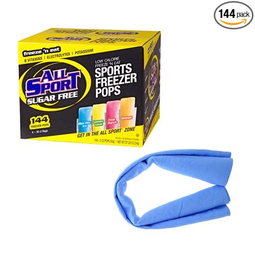 All Sport Zero Hydration Freezer Pops (Case of 144) - Each Case includes 1 Mircofiber Cooling Towel Blue (Variety Pack (Sugar Free))