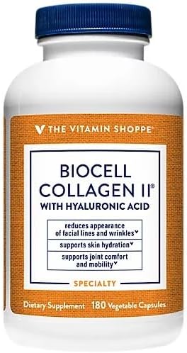 The Vitamin Shoppe Brand BioCell Collagen Capsules with Hyaluronic Acid 1000 mg Collagen per Serving Supplement for Men and Women Supports Daily Wellness Routines Gluten Free Non GMO180 Capsules