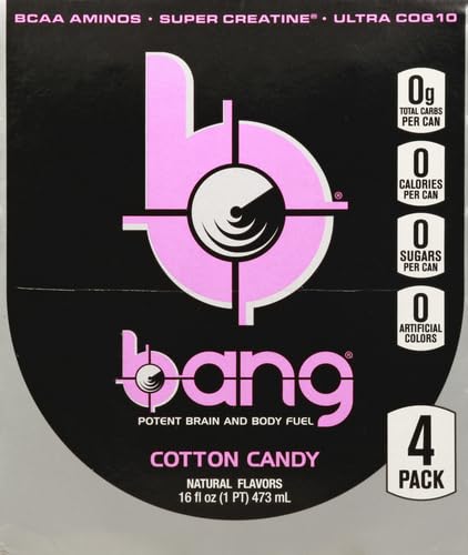 Bang Cotton Candy Energy Drink 0 Calories Sugar Free with Super Creatine 16oz 4 Count