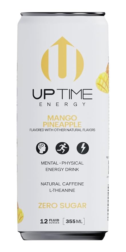 UPTIME Energy Drink Mango Pineapple 12 Pack Vitamin C L Theanine Calcium Sugar Free Energy Drinks for Focus Support 142mg of Natural Caffeine 5 Calories Clean Natural Non GMO 12 fl oz Cans