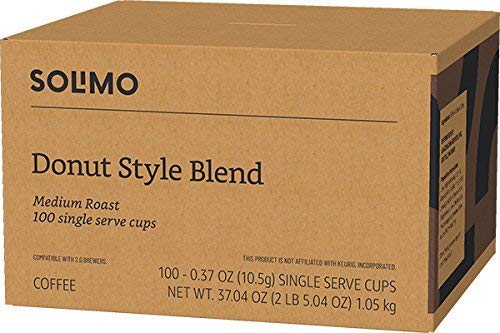 Amazon Brand - Solimo Medium Roast Coffee Pods Donut Style Compatible with Keurig 2.0 K-Cup Brewers 100 Count