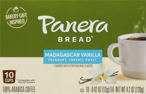 Panera Bread Madagascar Vanilla Light Roast Coffee Pods 100% Arabica Natural Flavor Keurig Compatible Cups No Artificial Ingredients 10 Single Serve Pods (1 Pack of 10)
