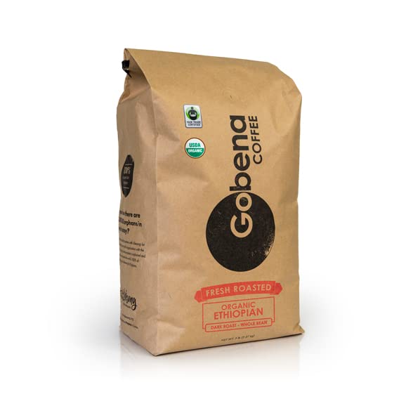 Gobena Coffee 5lb Fair Trade Organic Certified Ethiopian Whole Bean Dark Roast 100% Arabica Specialty Coffee 80 ounces 5 pounds Bulk