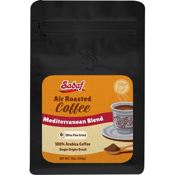 Sadaf Air Roasted Coffee Mediterranean Blend – Ground Mediterranean Coffee - 100% Arabica Ultra Fine Grind – Smooth &amp Bold Flavor – 12 oz Resealable Bag
