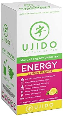 Ujido Matcha Energy Packets Lemon Flavor Sugar-Free Monkfruit Non-GMO Antioxidant Keto &amp Vegan 2g x 15 Count
