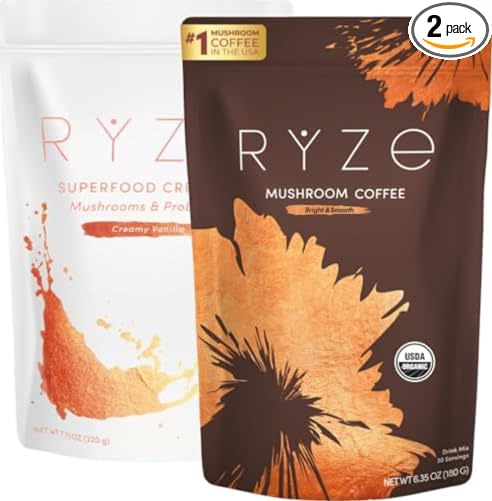 RYZE SUPERFOODS RYZE n Shine Bundle USDA Organic Mushroom Medium Roast Coffee + Probiotic Coffee Creamer with 6 Adaptogenic Mushrooms for Better Energy Focus Digestion Immunity 30 + 30 Servings