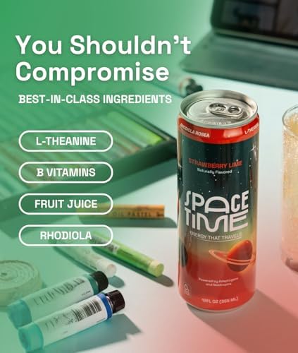 SpaceTime Productivity &amp Focus Energy Drink – Real Juice Infused Nootropic Drink with 50mg Organic Caffeine L-Theanine Rhodiola &amp B Vitamins – Clean Low-Caffeine Brain Boost – Strawberry Li