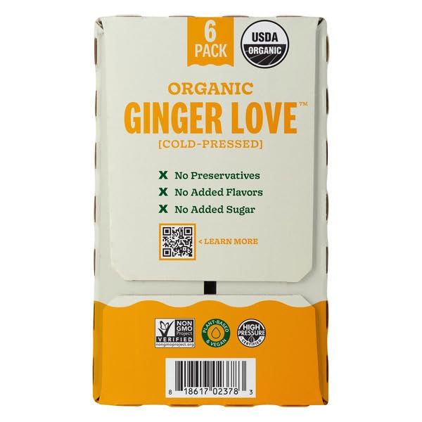 Organic Ginger Love Cold Pressed Lemon Ginger Apple Non-GMO Plant Based and Vegan No Added Sugar Keep Refrigerated USDA Organic 10.5 oz 6-count
