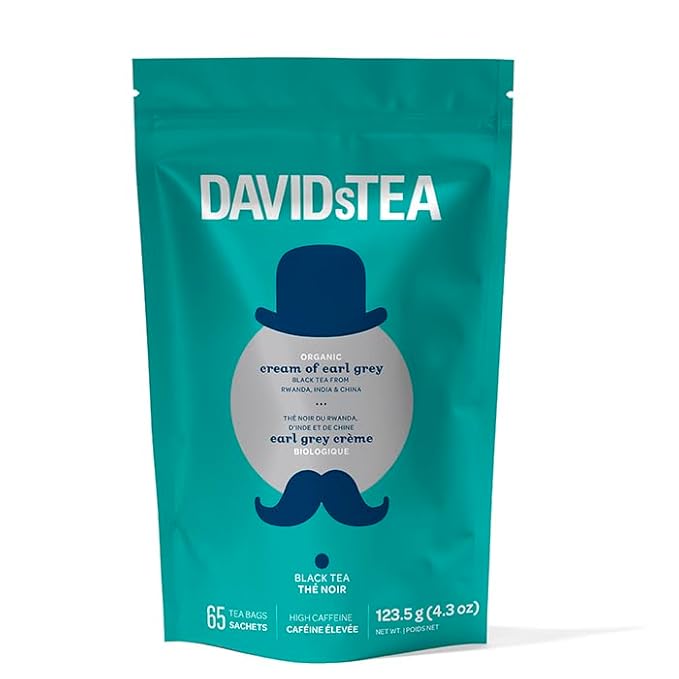DAVIDsTEA Organic Cream of Earl Grey – High Caffeine Black Tea with Bergamot &amp Natural Vanilla – 65 Tea Bags – Smooth Citrusy &amp Rich Breakfast Blend with a Comforting Creamy Twist