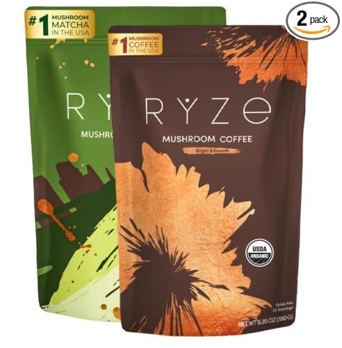 RYZE SUPERFOODS All Day Energy Bundle with Mushroom Medium Roast Coffee + Mushroom Matcha USDA Organic with 6 Adaptogenic Mushrooms + Matcha for Better Energy Focus Digestion 30+30 serving
