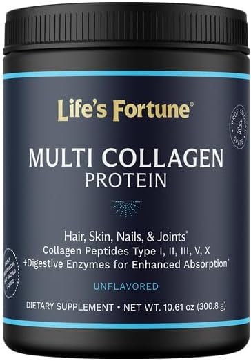 Multi Collagen Peptides Types I II III V &amp X Hydrolyzed Protein Powder – Grass-Fed Blend with Digestive Enzyme – for Skin Hair Nails Joints &amp Gut Health Unflavored