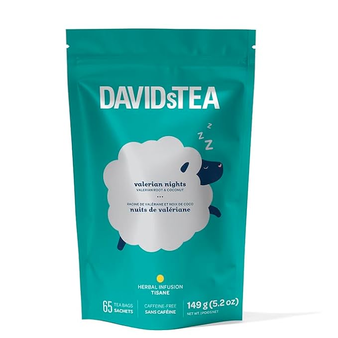DAVIDsTEA Valerian Nights – Caffeine-Free Herbal Tea with Caramel Coconut &amp Valerian Root – 65 Tea Bags – Sweet Dairy-Free Bedtime Blend for Sleepytime Sipping and Relaxing Nightcaps