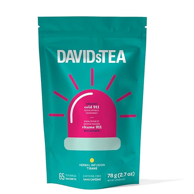 DAVIDsTEA Cold 911 Herbal Tea – Caffeine-Free Tea Bags with Peppermint Eucalyptus &amp Juniper – 65 Tea Bags – Refreshing &amp Soothing Wellness Blend