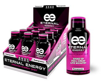 Eternal Energy shot POMEGRANATE flavor with 25 vitamins minerals amino acids and antioxidants and no sugar added.