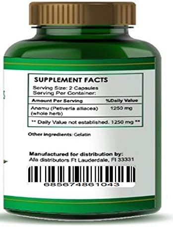 Organic Vitamins Anamu 1250mg 100% Organically Grown 240 Capsules Total Petiveria Allicea Vitamisan