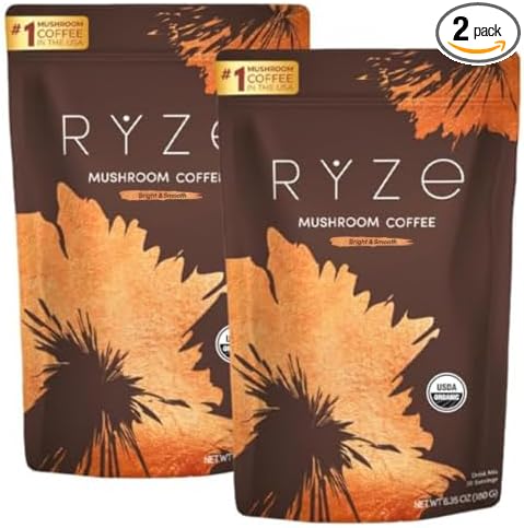 RYZE SUPERFOODS Mushroom Medium Roast Coffee Starter Kit USDA Organic Instant Coffee with 6 Adaptogenic Mushrooms and for Energy Focus Digestion Immunity with Lions Mane &amp Turkey Tail 60 Servi