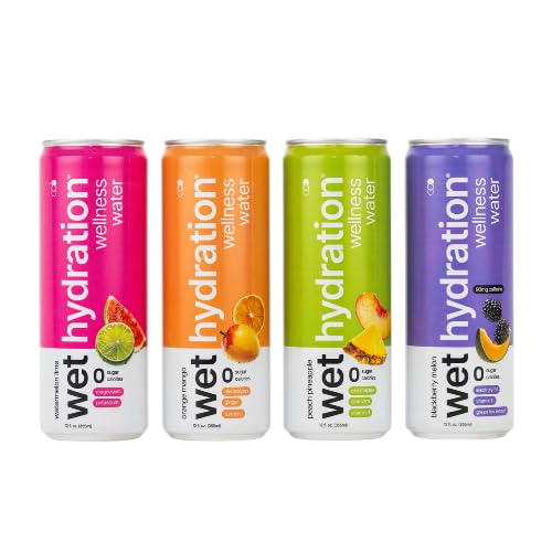 Wet Hydration | Functional Wellness Water Non-Carbonated - Trial Pack (12 Ounce Cans Pack of 4) - Flavored Water Hydration Drink No Sugar No Artificial Ingredients Zero Calories (Packaging May V