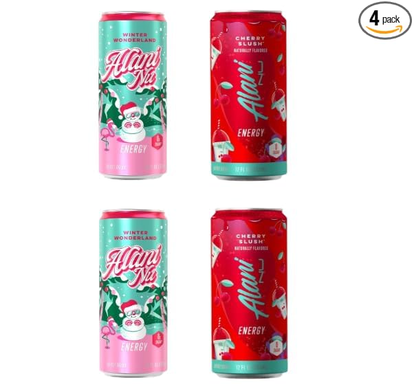 Alani energy drink Winter Wonderland &amp Cherry Slush variety pack (4 Cans) - Sugar Free Low Calorie Energy Drinks - Pre Workout Performance Zero Sugar 12 Fl Oz Cans