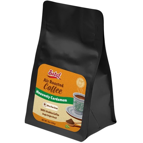 Sadaf Air Roasted Coffee with Cardamom – Ground Heavenly Cardamom Coffee - Ultra Fine Grind 100% Arabica Beans – Smooth Aromatic &amp Spiced Flavor – 12 oz Resealable Bag