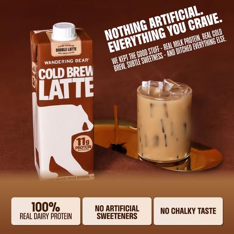 Wandering Bear Double Latte Organic Cold Brew Coffee — 32 fl oz 3 pack - Creamy High-Protein Cold Brew Latte 11 g Protein Only 100 Calories 5 g Sugar Double Shot Strength (Shelf-Stable)