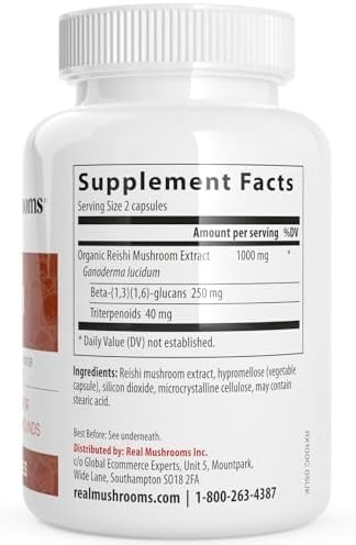 Real Mushrooms Reishi Mushroom Capsules - Handpicked Organic Mushroom Extracts - Red Reishi for Tranquil Daily Wellness with Verified Beta Glucans Vegan Non-GMO No Grain Fillers 200 ct