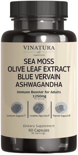VINATURA Organic Sea Moss Blue Vervain - with Black Seed Oil Ashwagandha Ginger Burdock Root Capsules - 1250mg per Serving *USA Made &ampTested* Immune Booster for Adults